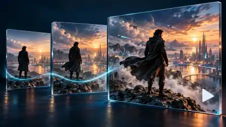 Three cinematic panels showing a still image becoming a moving scene, with an explorer overlooking a futuristic city at sunset.