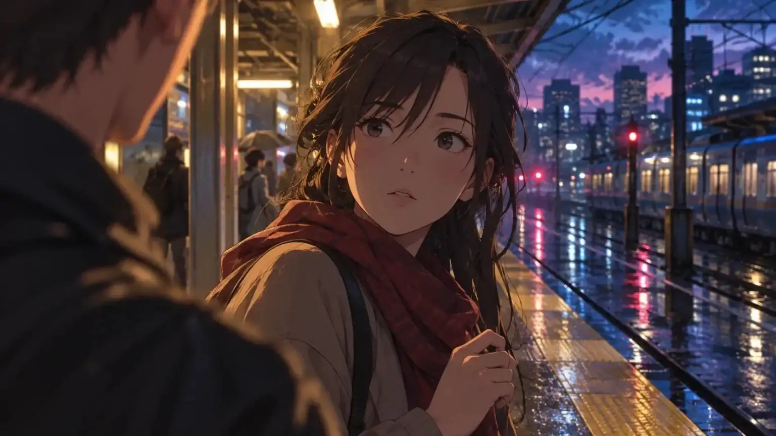 Why Silent Anime Reaction Shots Feel So Loud A young woman wearing a scarf looks toward a man on a rainy train platform at dusk.