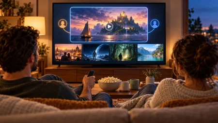 Couple choosing a film from personalized movie recommendations on a television, with popcorn and mugs on the coffee table.