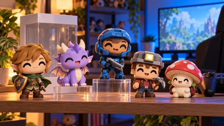 How To Start A Youtooz Collection Around Your Favourite Games And Characters Five gaming-inspired vinyl figures displayed on a wooden shelf with clear stands, a collectible box, and a game controller.