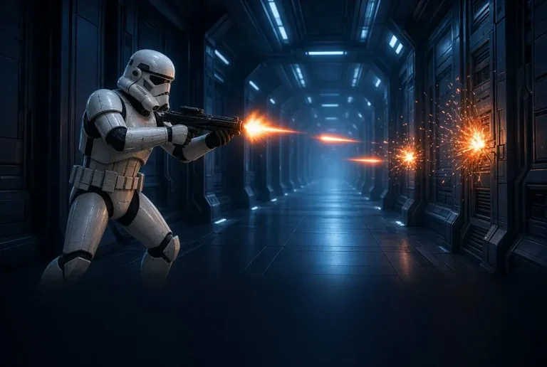 Stormtrooper Aim Is A Myth: Playing Airsoft In Full Sci-Fi Kit A stormtrooper firing a blaster rifle down a dark, metallic corridor, with sparks hitting the wall.