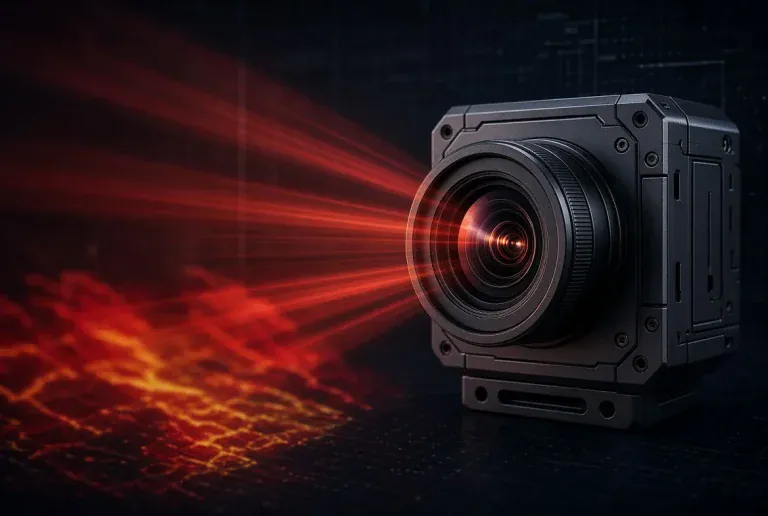 A boxy digital camera lens projecting a red laser light pattern onto a dark surface.