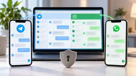 Telegram and WhatsApp chat interfaces on two smartphones and a laptop, with a shield symbol representing privacy.