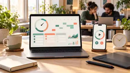 Laptop and smartphone displaying time-tracking and task-planning graphics, with creative tools and two collaborators in the background.
