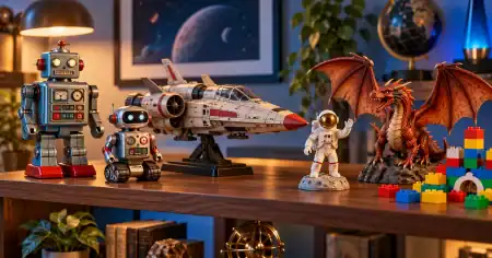 Top Collectable Toys For Every Geek’s Collection Collectable toy robots, a model spacecraft, an astronaut and a dragon displayed on a wooden shelf.