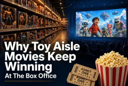 Toy aisle products and a movie theater illustrating why toy-based films win at the box office.