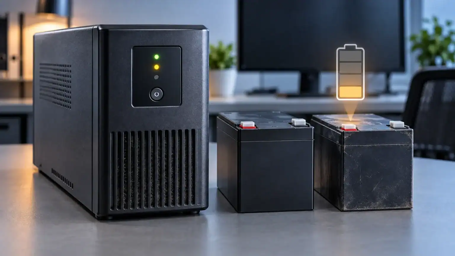 What Causes A UPS Battery To Lose Its Backup Capacity? UPS beside a new and a worn battery, with a low-charge symbol illustrating reduced backup capacity.