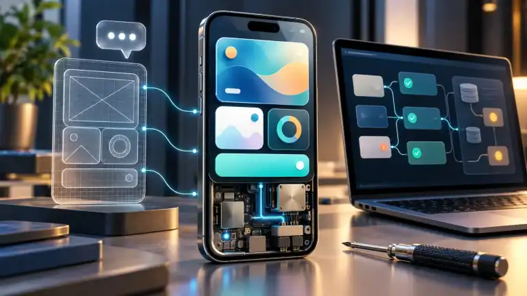App wireframe connected to a smartphone with exposed circuitry, beside a laptop displaying software architecture and validation checks.