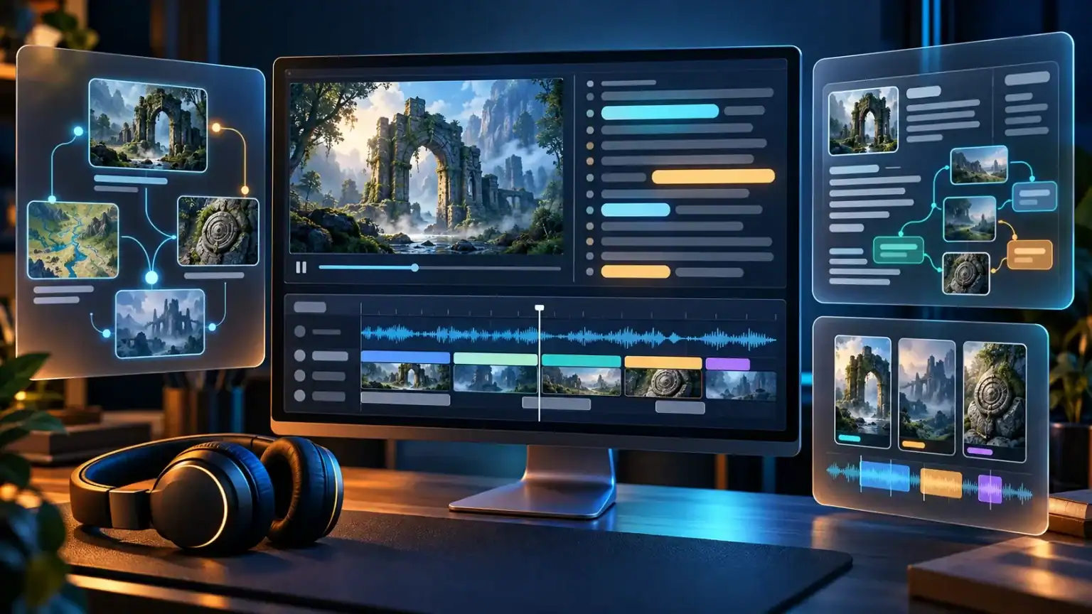 Video transcript workspace with connected lore research, wiki pages and short video clips displayed around a monitor.